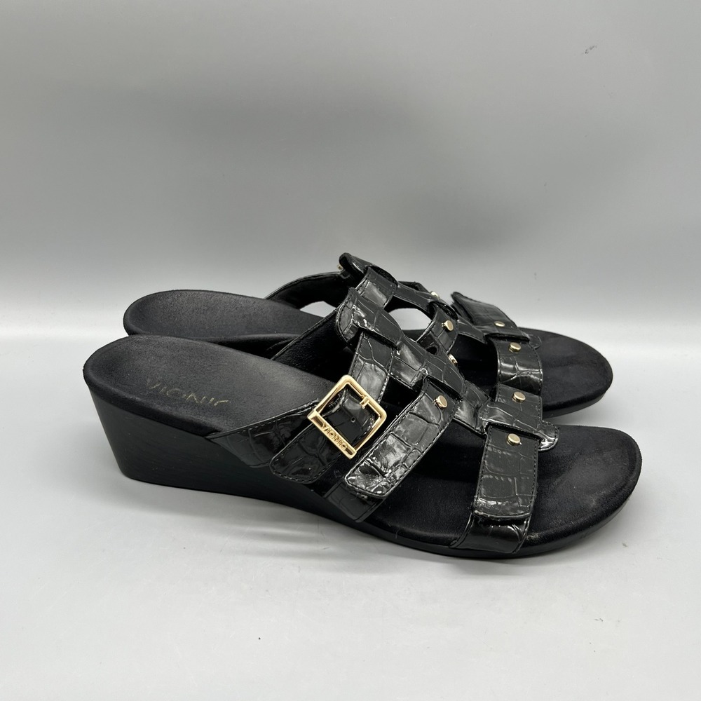 Vionic Sandals Women 9 Black Patent Leather Croc Radia Strappy Wedge Slide Shoes
